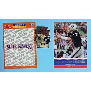 Super Bowl XI 1977 Oak. RAIDERS(32)-Vikings (14)'91 Pin + 2 Cards Biletnikoff